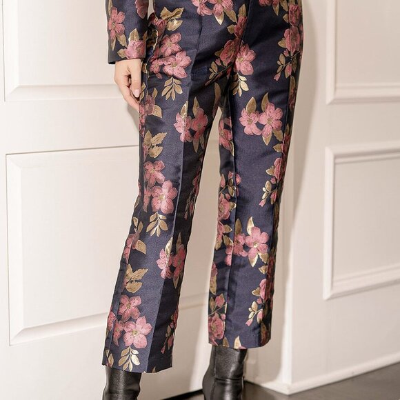 NWT Lulus Bloom Boldly Navy Blue Floral Satin Jacquard Trouser Pants - Picture 3 of 11